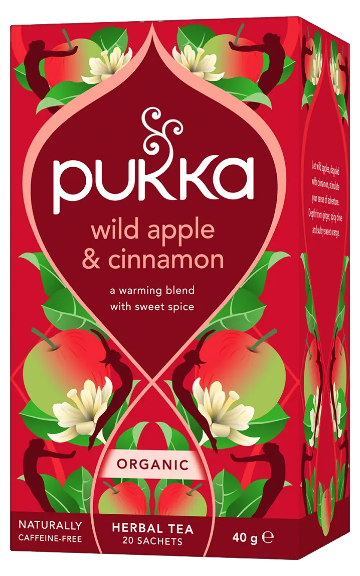 Pukka Wild Apple & Cinnamon organic herbal tea, naturally caffeine-free, 20 sachets.