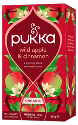 Pukka Wild Apple & Cinnamon organic herbal tea, naturally caffeine-free, 20 sachets.