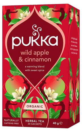 Pukka Wild Apple & Cinnamon organic herbal tea, naturally caffeine-free, 20 sachets.