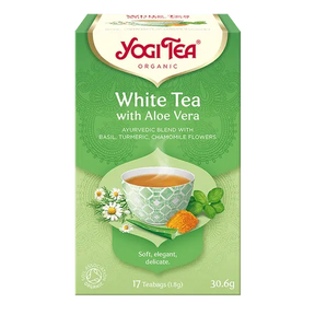 Yogi Tea White Tea with Aloe Vera 17 organic teabags with Jasmine and Cinnamon for inner radiance and antioxidant support.