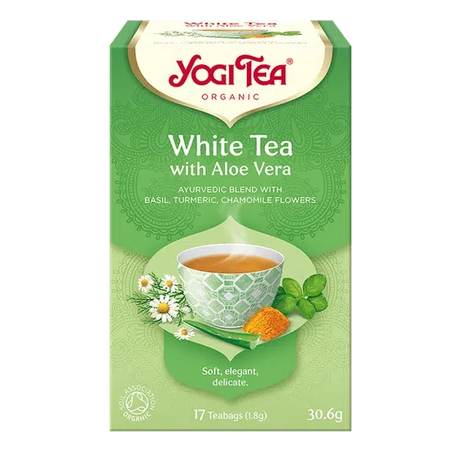 Yogi Tea White Tea with Aloe Vera 17 organic teabags with Jasmine and Cinnamon for inner radiance and antioxidant support.