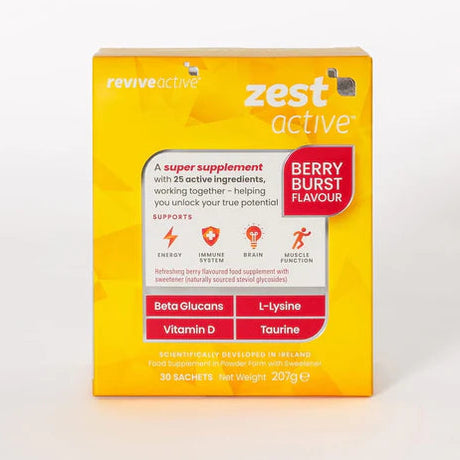 A yellow box of Reviveactive Zest Active Berry Burst Flavour powder supplement, shown on a clean white background.